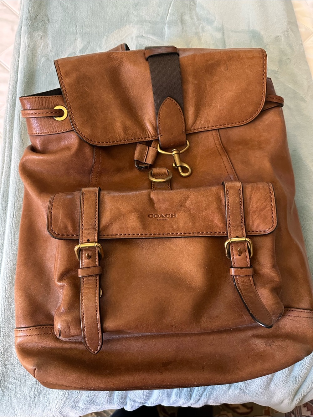Coach Tan Leather Bleaker Backpack with Brass Hardware